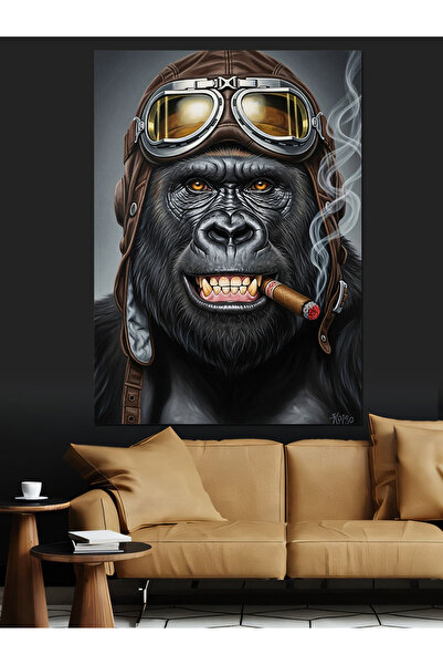 karizmart Pilot Şapkalı Goril Puro Dekoratif Kanvas - Mdf Ahşap Tablo