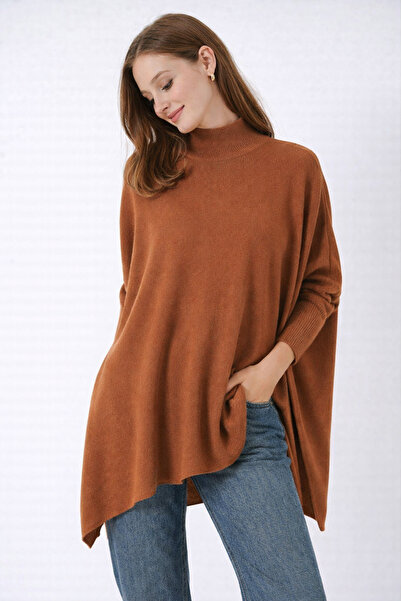 MISSRUBA Kadın Yırtmaçlı Taba Panço Kazak DP0001