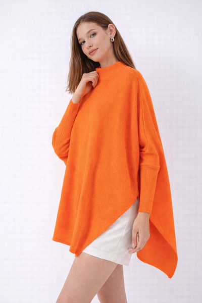 MISSRUBA Kadın Yırtmaçlı Oranj Panço Kazak DP0001