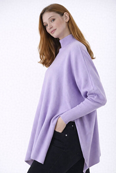 MISSRUBA Kadın Yırtmaçlı Lila Panço Kazak DP0001