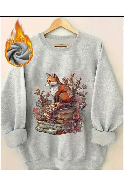 herkesemoda Detaliu de imprimare cu vulpe și carte guler rotund Swea tricou