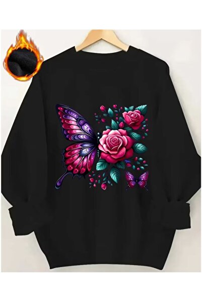 herkesemoda Hanorac cu decolteu rotund cu imprimeu fluturi