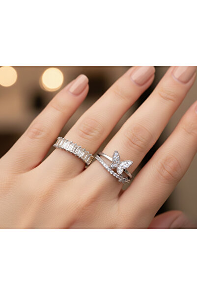 Ervalina مجموعة من خاتمين من حجر الزركون على شكل خاتم الباغيت والفراشة (قابل ...