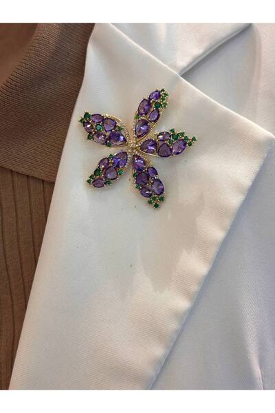 Esmeray Aksesuar Çelik Gold Renk Zirkon Mor ve Yeşil Taşlı Çiçek Figürlü Broş...