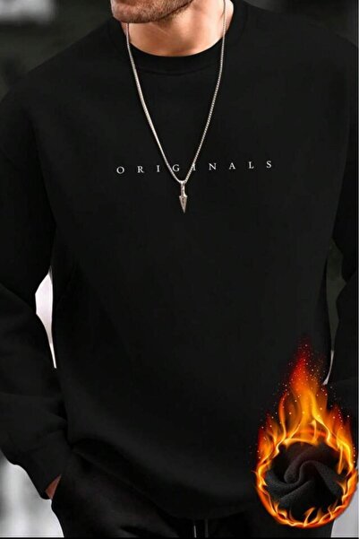 CAST COLLECTİON سويت شيرت رجالي أسود قصة فضفاضة أوريجينالز مطبوع برقبة دائرية