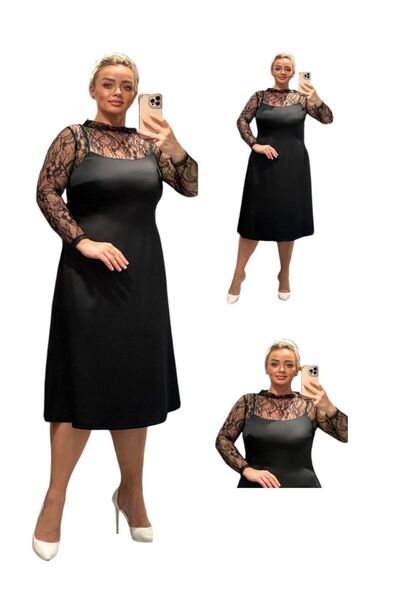 TESSY Kadın Büyük Beden Siyah Tül Dantelli Bluz ve Askılı Saten Elbise İkili ...