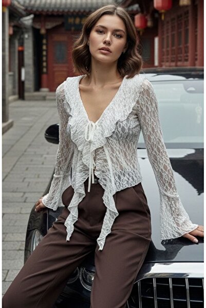 SİA LESS Bluză sport cu mânecă lungă din tul, cu model, albă, transparentă, d...