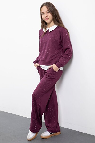 Cansın Mini Girl's 3-Piece Shirt Set with Burgundy Stone Detailed Pants 23479