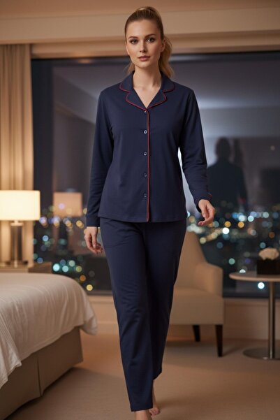 PİJAPİA Women's Long Sleeve Buttoned Pajama Set Navy Blue 100% Cotton