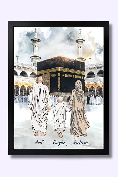 POSTER Kişiye Özel Hac & Umre Temalı İslami | Kâbe Önünde Aile – İsimli Özel Tasarım Tablo