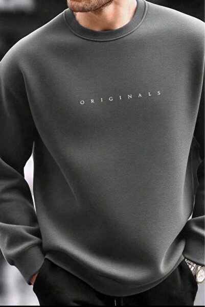 CAST COLLECTİON سويت شيرت رجالي أنثراسايت قصة فضفاضة أوريجينالز مطبوع برقبة د...