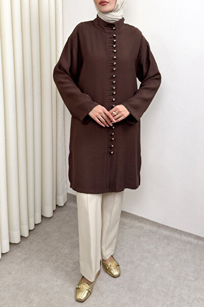 Salih Çelebi Hakim Yaka Düğme Detaylı Tunik 0058 - KAHVERENGİ