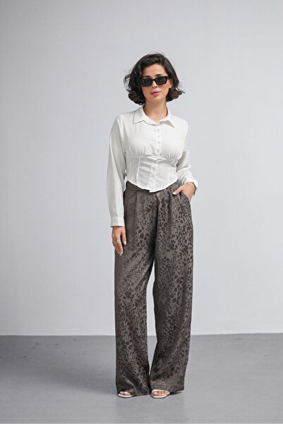 ZAWẼN Women's Leopard Print Satin Palazzo Pants – High Waist