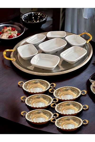 BARITCIOGLU Presentation Plate Chrome Tray Copper Porelin Breakfast Skillet Pan Set