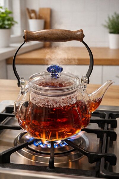 morponi Borosilicate Glass Wooden Detailed Metal Handle Glass Teapot Galaxy 1000 m (Aw2024)