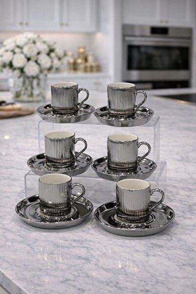 isra kristal Modern Gümüş Porselen Türk Kahvesi Fincan Takımı - 6'lı Gümüş Fincan