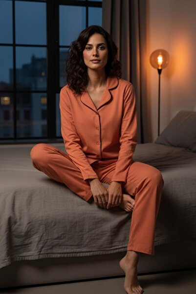 PİJAPİA Set de pijamale cu mâneci lungi pentru femei, cu nasturi, Salmon bumb...