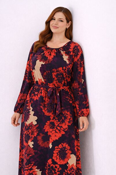 Şans Rochie lungă pentru femei, mărime mare, neagră, cu imprimeu floral, guler rotund , cu talie elastică și curea 65N39292