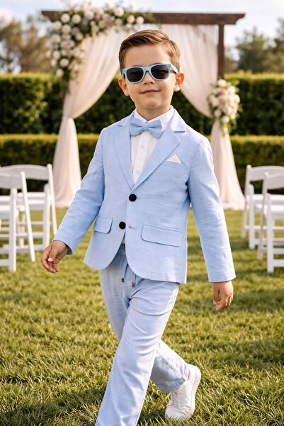 Terry costum pentru băiat din in, cu jachetă casual / cămașă, pantaloni, jachetă, papion, costum din in