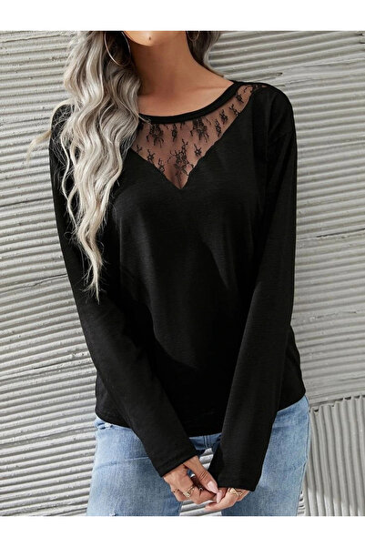 Butik Kadın Uzun Kollu Geniş Yuvarlak Yaka Dantelli Viskon Iki Iplik Bluz