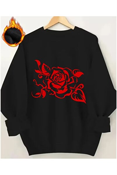 herkesemoda Detaliu cu imprimeu trandafir roșu guler rotund Swea tricou