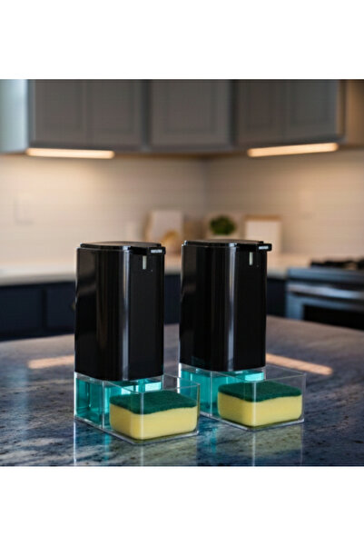 LUCES DESİGN 2'li Sünger Hazneli Sıvı Sabunluk Seti (440 ml x 2)-Tezgah Üstü ...