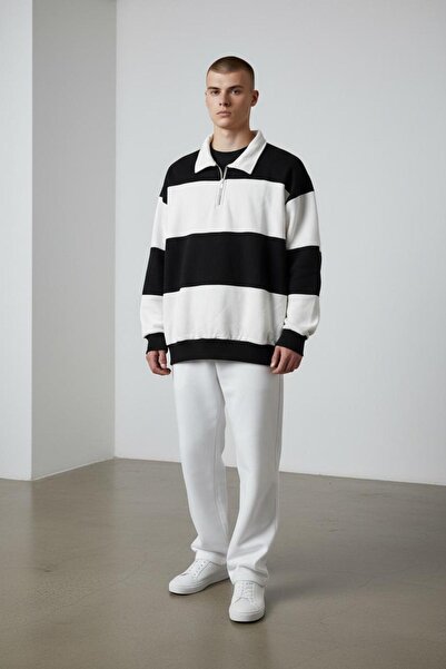 Altamira Men's Black Striped Oversized Half Zipper 3 Thread Fleece-Lined Trac...