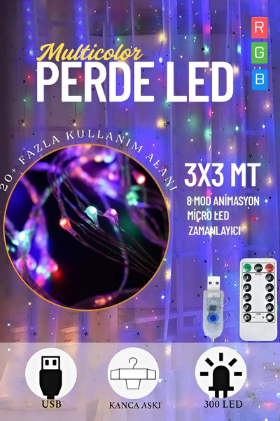 CMT 3X3 Metre Renkli Usb & Kumandalı Tel Perde Led Dekor Lamba