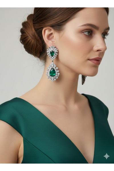 Süspüs Accessories Green Drop Stone, Dangle Evening Dress Earrings