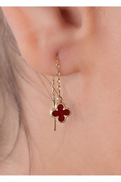 YCL JEWELLERY 14 Ayar (ÇİFT) Altın Bordo Sallantılı Yonca Küpe