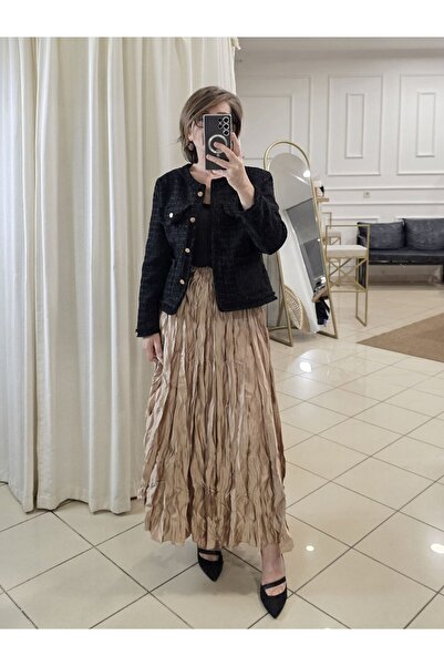 pudubutik Camel Brown Wrinkled Long Satin Skirt
