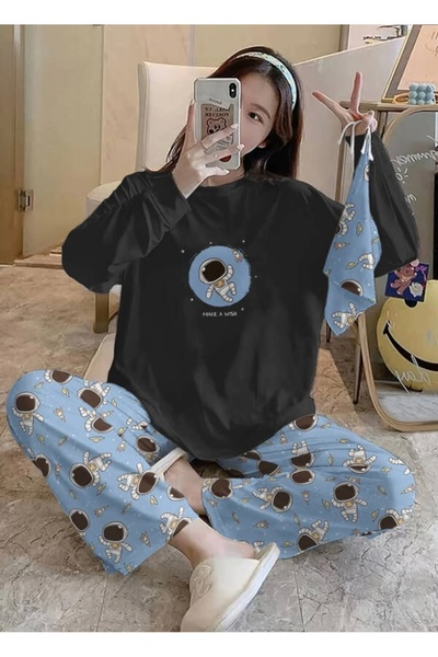 Silona Homewear Σετ γυναικείων πιτζαμών Bahd Astronaut-Black Super Soft