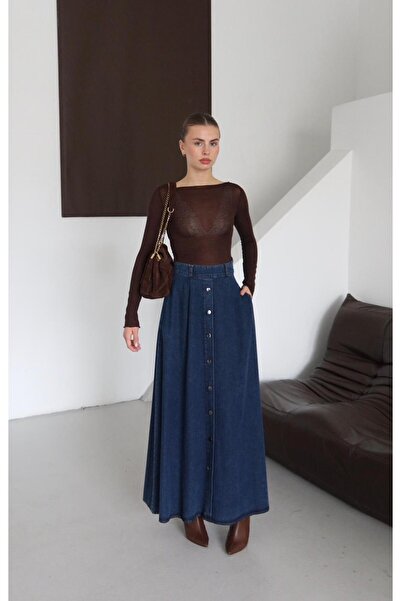 RUVA BUTİK Yüksek Bel Cepli ve Düğmeli Denim Kot Etek