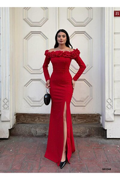 Modafeminen Flexible Crepe Fabric Front Rose Detailed Evening Dress 583348 Red