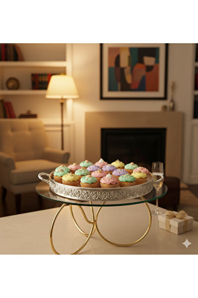 ViATOM Modern Sunum Pasta Sunumluk, Gold Ayak Üst Cam Masaüst Sunum