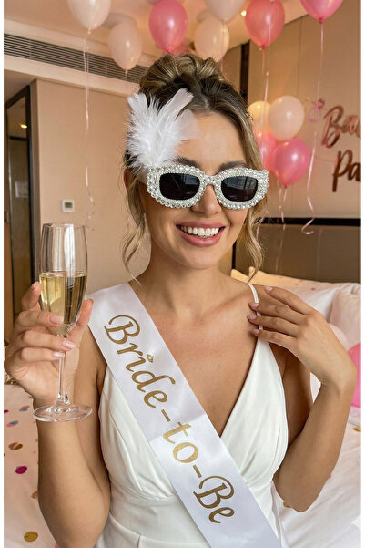 Happyline Beyaz Tüylü Parıltılı Taşlı Gelin Gözlük Bride Akım Doğum Günü Düğü...
