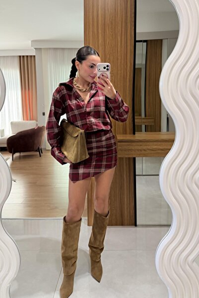 Gizem Ecemiş Hasharia Kırmızı Asimetrik Ekose Elbise