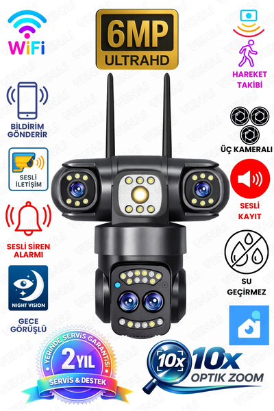 Venas Üç Kameralı 10x Zoomlu Su Geçirmez Gece Görüşlü Dış Mekan Güvenlik Kame...