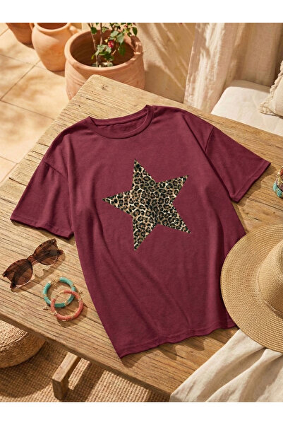 BUWOM Γυναικείο μπλουζάκι Leopard Star με στάμπα Oversize Crew Neck