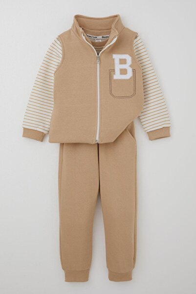 Donino Baby Donino Boy's Tracksuit Set Letter B Printed Vest Set 2-5 Years Old, Beige