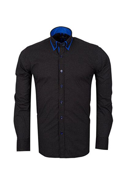 MAKROM Modern Fit Double Collar Design Black Micro Patterned Shirt