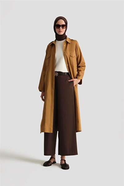 Armine Kontrast Dikişli Pamuk Tunik Elbise 25Y4705 Sahra