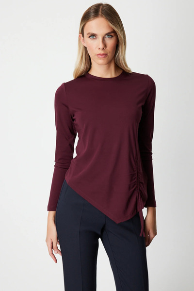 On Fashion Asymmetrical Cut Side Drawstring Gathered Detail Crew Neck Blouse