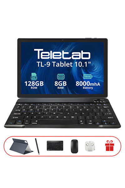 TELETAB جهاز لوحي TL-9 بشاشة 10.1 بوصة، ذاكرة وصول عشوائي 8 جيجابايت، سعة تخزين 128 جيجابايت، واي فاي، فضي، غطاء رمادي، لوحة مفاتيح، ماوس، وملحقات أخرى