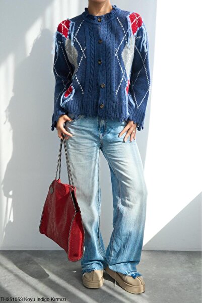 Lupies Women's Navy Blue Diamond Pattern Fringed Knit Cardigan