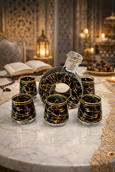 COCEM Special Design 6 Piece Zamzam Set – Black Gold Glass Jug and Cup Set – Gift & Decorative