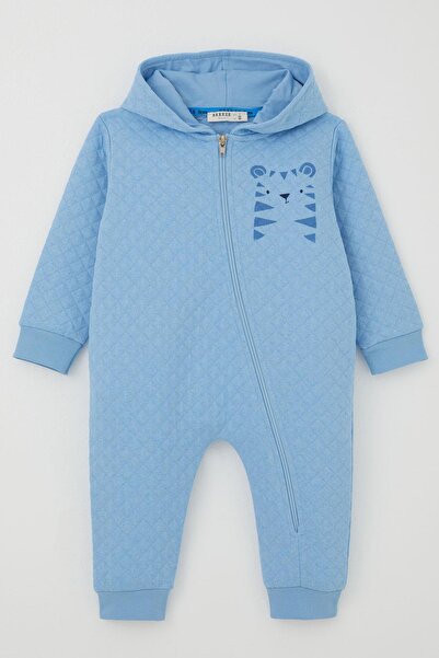 Breeze Baby Boy Jumpsuit Quilted Patterned Cute Aslancık Printed Hooded 4 Months-1.5 Years, Light Blue