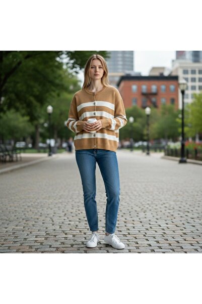 GÖMLEK GALERİSİ Women's Angora Furry Striped Cardigan Standard Fit (38-48)
