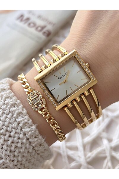 Ferrucci ساعة يد نسائية + سوار من سلسلة خاصة، سوار فولاذي بلون أسود لا يتأكسد VS.BLKT.0747