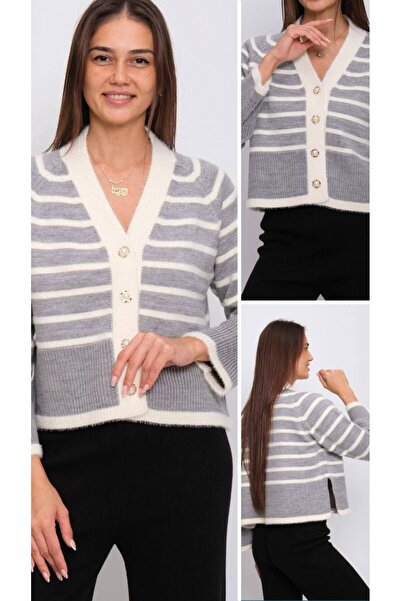 Cannes Women's Gray and White Striped Buttoned Knit Cardigan